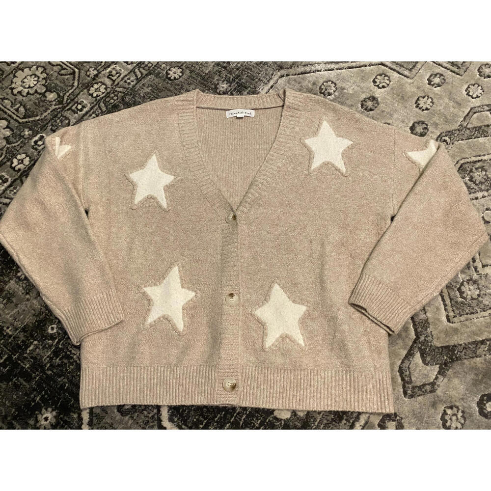 Threaded Leaf Beige Star Patterned Cardigan Sweat… - image 1